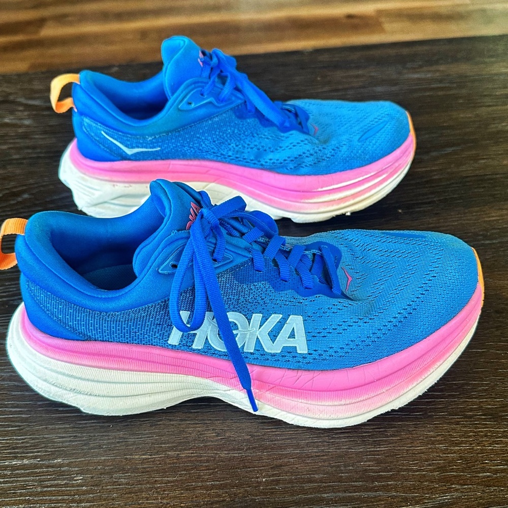 Hoka Bondi Women’s Running Shoes Blue & Pink Size 8D – Excellent Condition